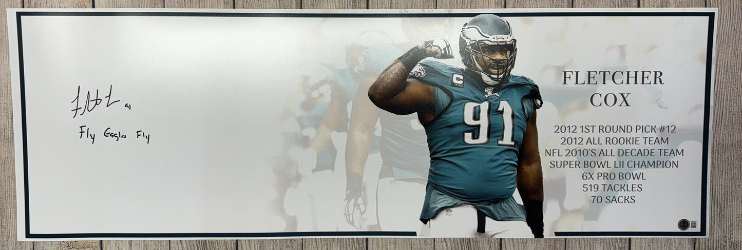 PHILADELPHIA EAGLES FLETCHER COX SIGNED 12X36 STATS PANORAMIC PHOTO BECKETT COA!