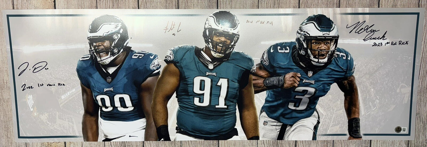 PHILADELPHIA EAGLES FLETCHER COX,JORDAN DAVIS,NOLAN SMITH JR SIGNED 12X36 BAS