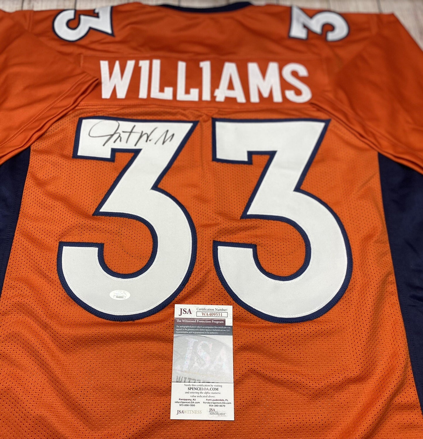 DENVER BRONCOS JAVONTE WILLIAMS SIGNED CUSTOM ORANGE JERSEY JSA COA!!!!