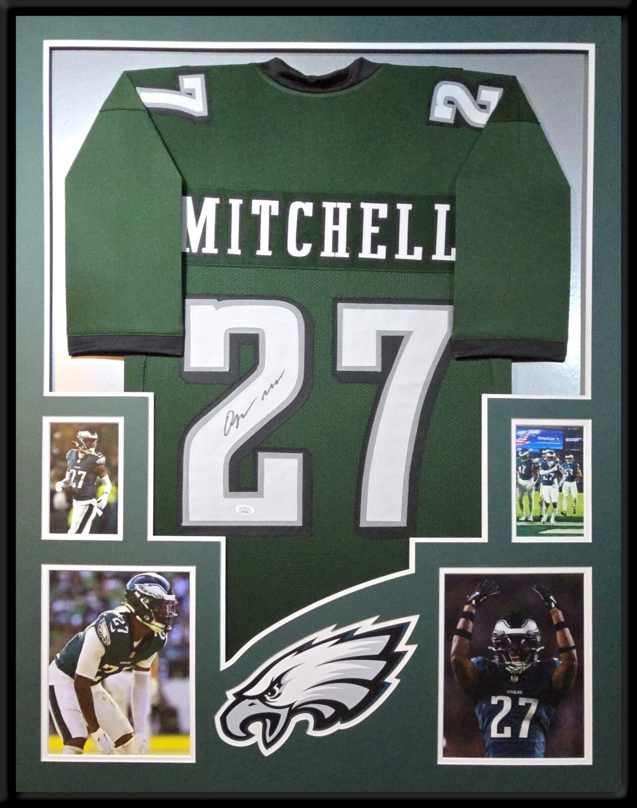 PHILADELPHIA EAGLES QUINYON MITCHELL SIGNED FRAMED CUSTOM GREEN JERSEY JSA COA