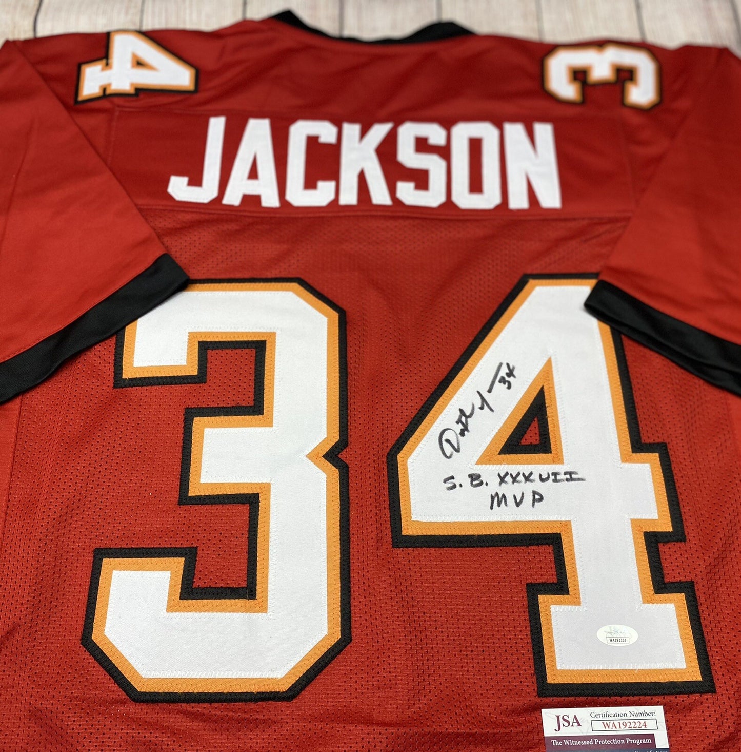 TAMPA BAY BUCCANEERS DEXTER JACKSON SIGNED RED JERSEY “SB XXXVII MVP” JSA COA