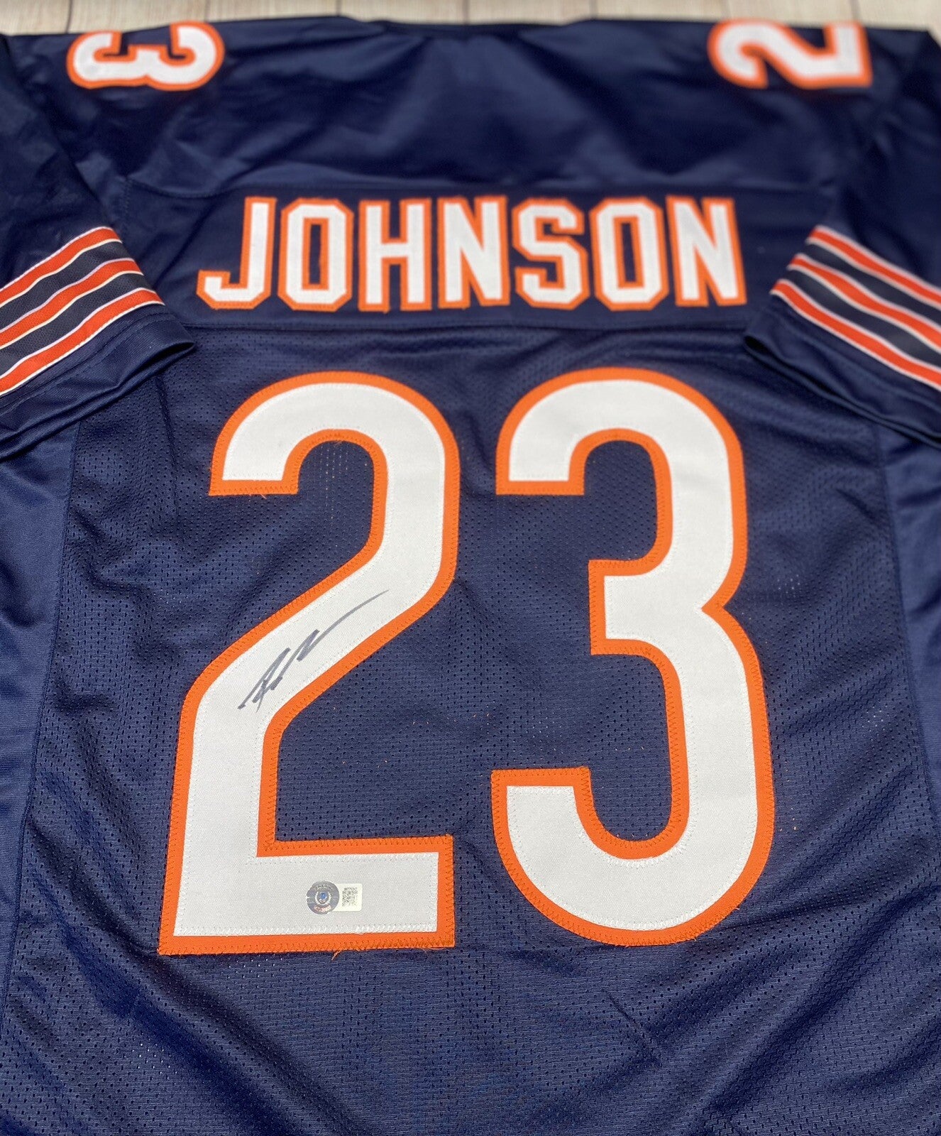 CHICAGO BEARS ROSCHON JOHNSON SIGNED CUSTOM BLUE JERSEY BECKETT COA!!!