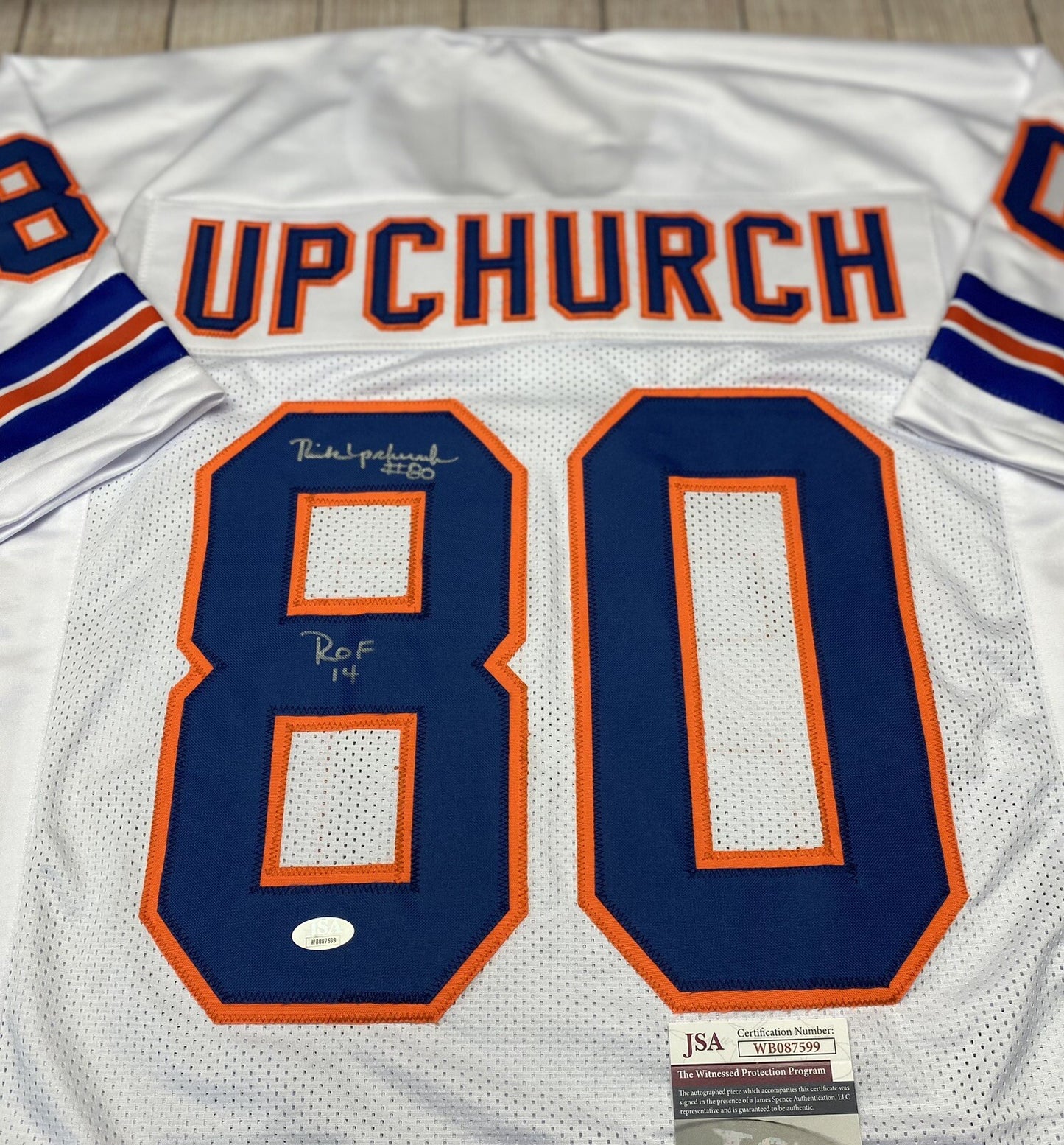DENVER BRONCOS RICK UPCHURCH SIGNED WHITE CUSTOM JERSEY W/JSA COA!!! “ROF 14”