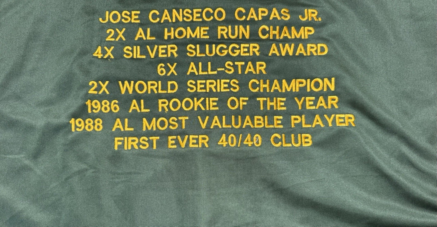 OAKLAND ATHLETICS JOSE CANSECO SIGNED GREEN CUSTOM STAT JERSEY JSA COA!!!
