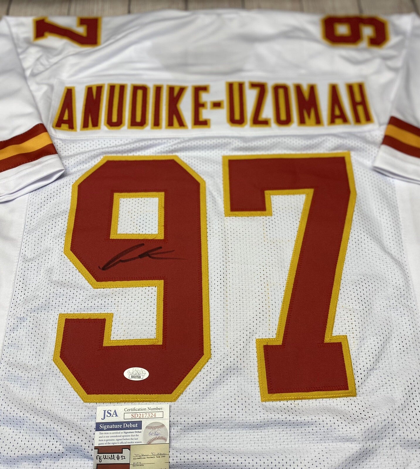 KANSAS CITY CHIEFS FELIX ANUDIKE-UZOMAH SIGNED WHITE CUSTOM JERSEY W/JSA COA!!!
