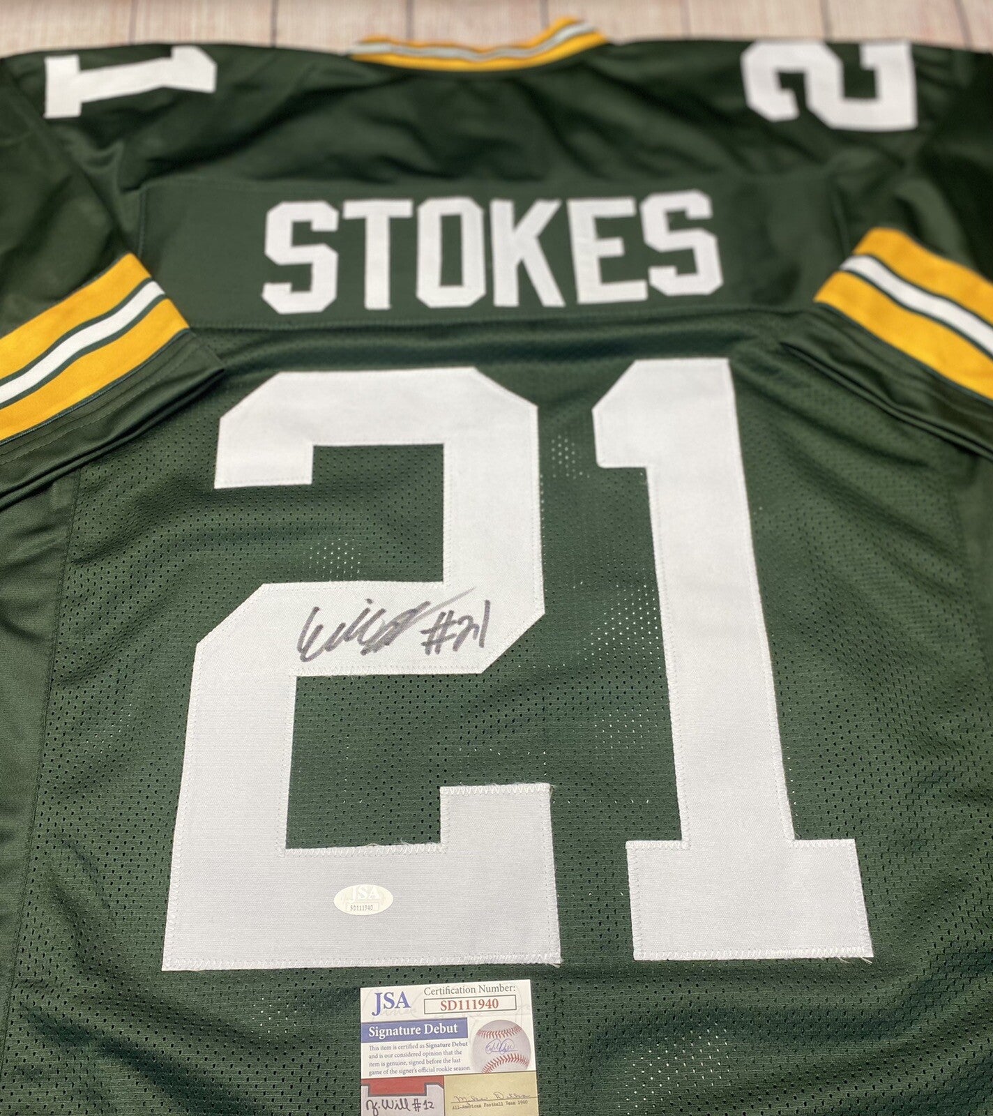 GREEN BAY PACKERS ERIC STOKES SIGNED GREEN CUSTOM JERSEY JSA COA!!!