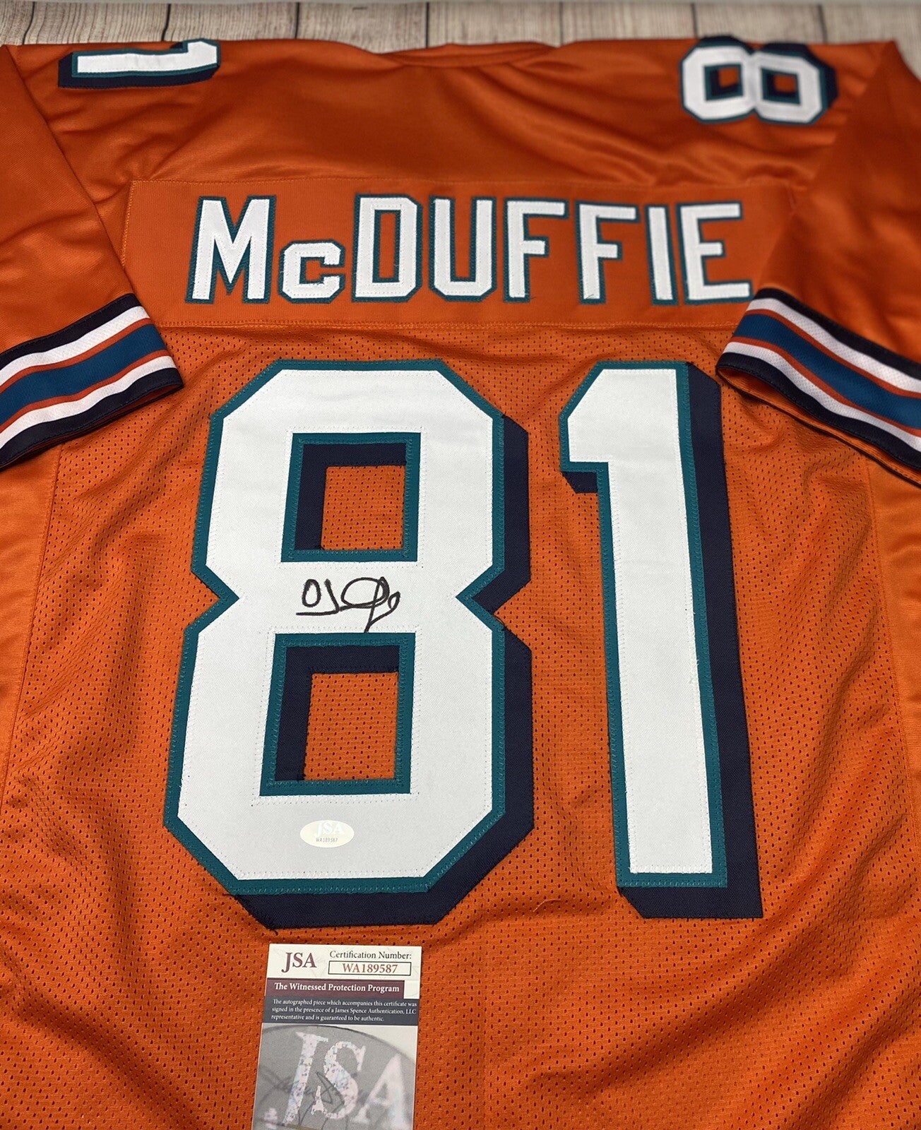 MIAMI DOLPHINS OJ MCDUFFIE SIGNED ORANGE CUSTOM JERSEY W/JSA COA!!