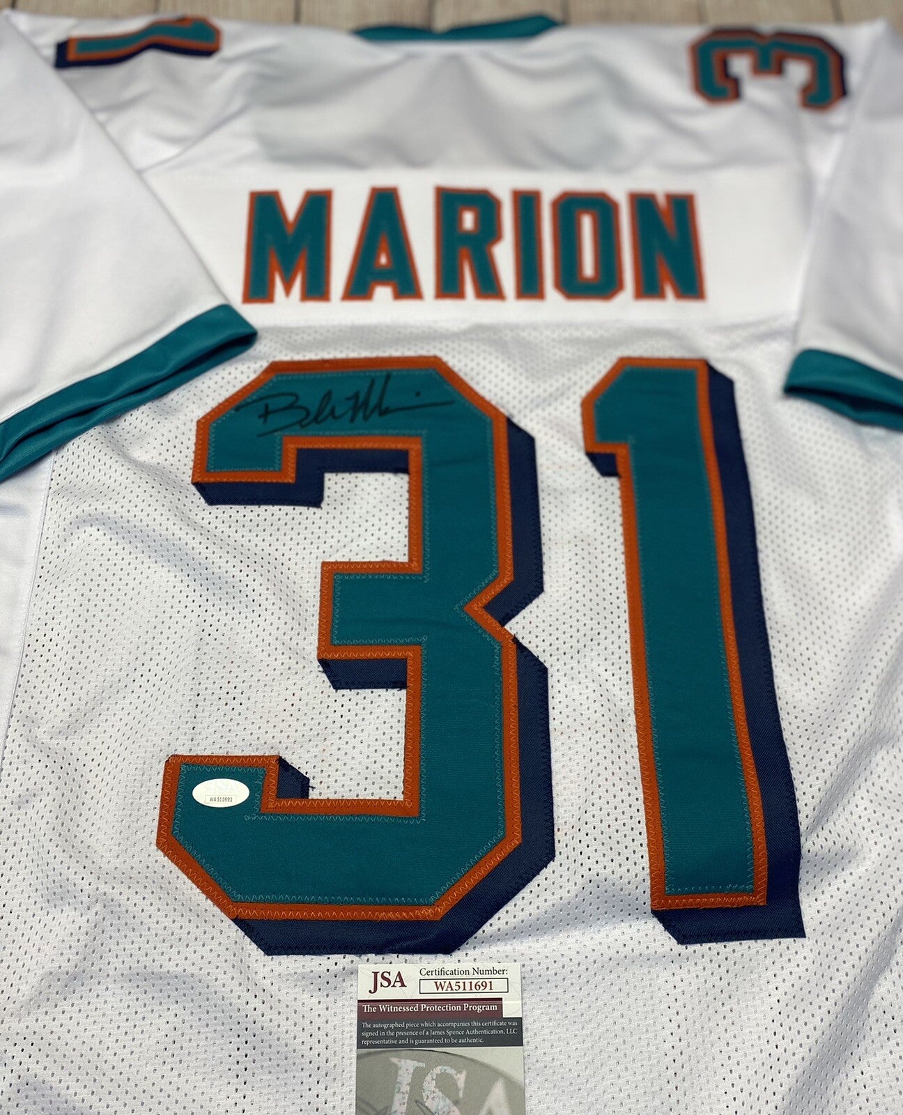 MIAMI DOLPHINS BROCK MARION SIGNED WHITE CUSTOM JERSEY W/JSA COA!!