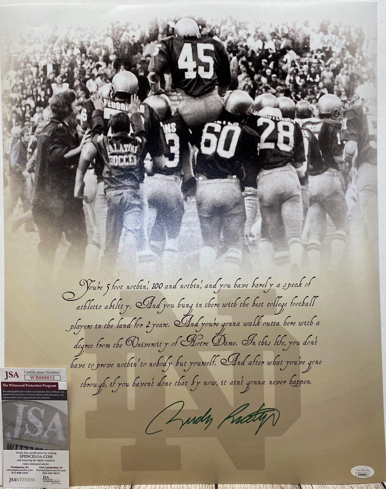 NOTRE DAME FIGHTING IRISH RUDY RUETTIGER SIGNED 16X20 SPEECH PHOTO JSA COA!!!