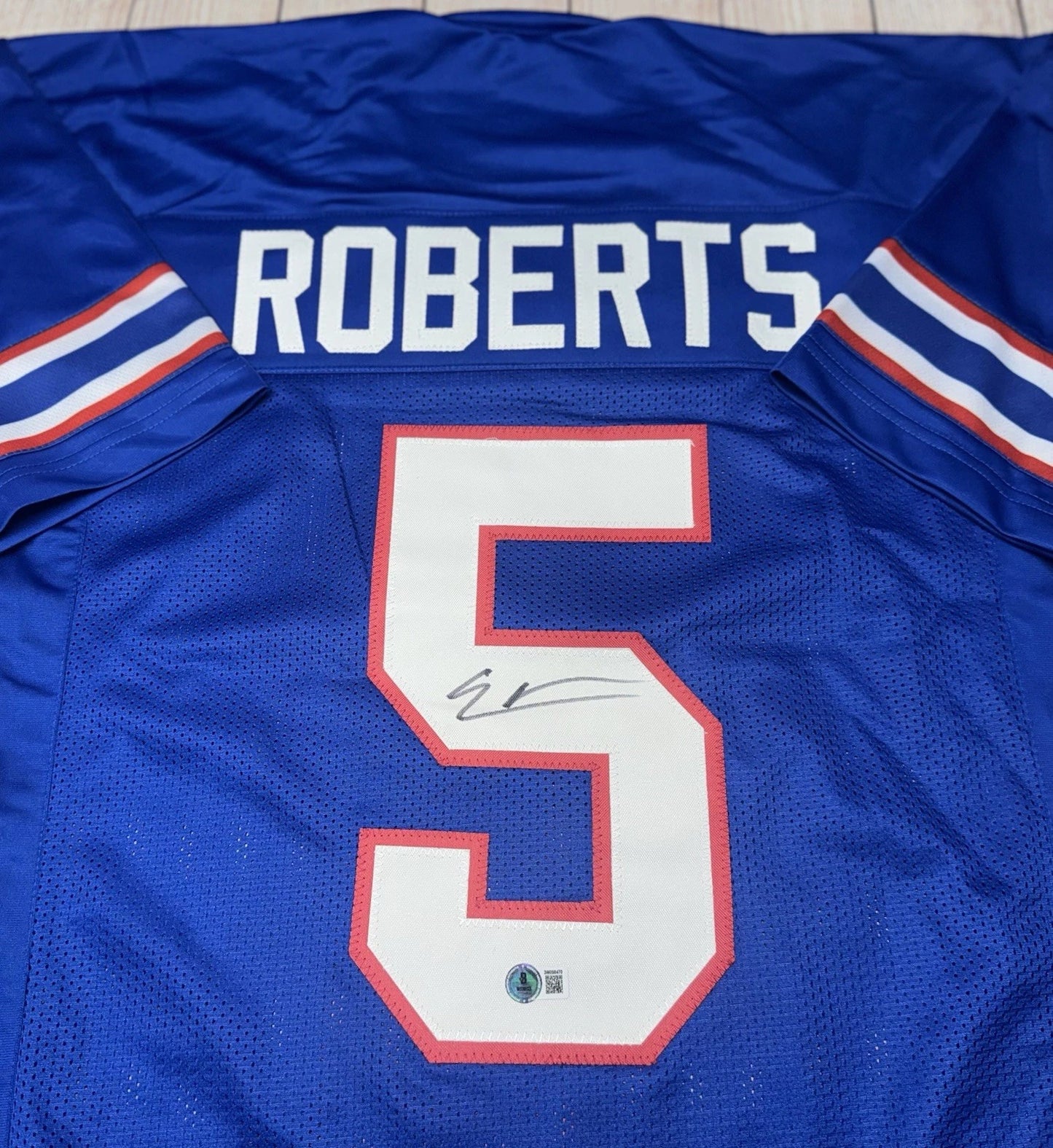 SMU MUSTANGS ELIJAH ROBERTS SIGNED BLUE CUSTOM JERSEY BECKETT COA!!!