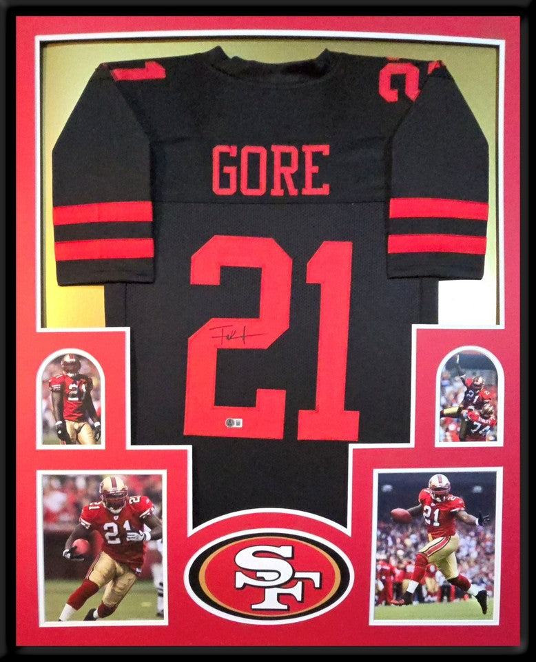 SAN FRANCISCO 49ERS FRAMED FRANK GORE SIGNED BLACK CUSTOM JERSEY BECKETT COA