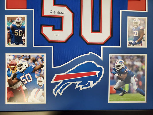 BUFFALO BILLS FRAMED GREGORY ROUSSEAU SIGNED FRAMED BLUE CUSTOM JERSEY JSA COA!