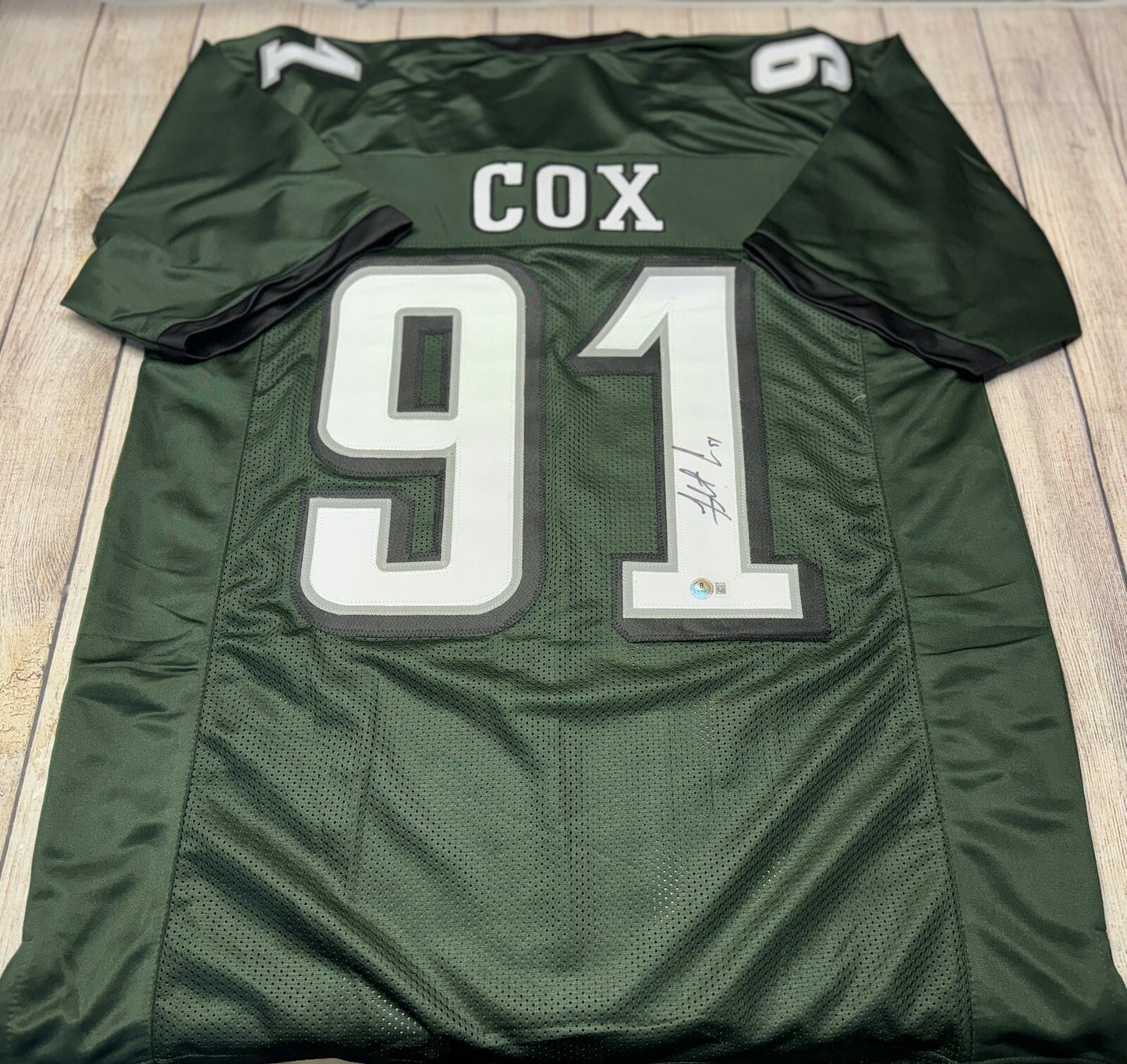 PHILADELPHIA EAGLES FLETCHER COX SIGNED GREEN CUSTOM JERSEY  BECKETT COA