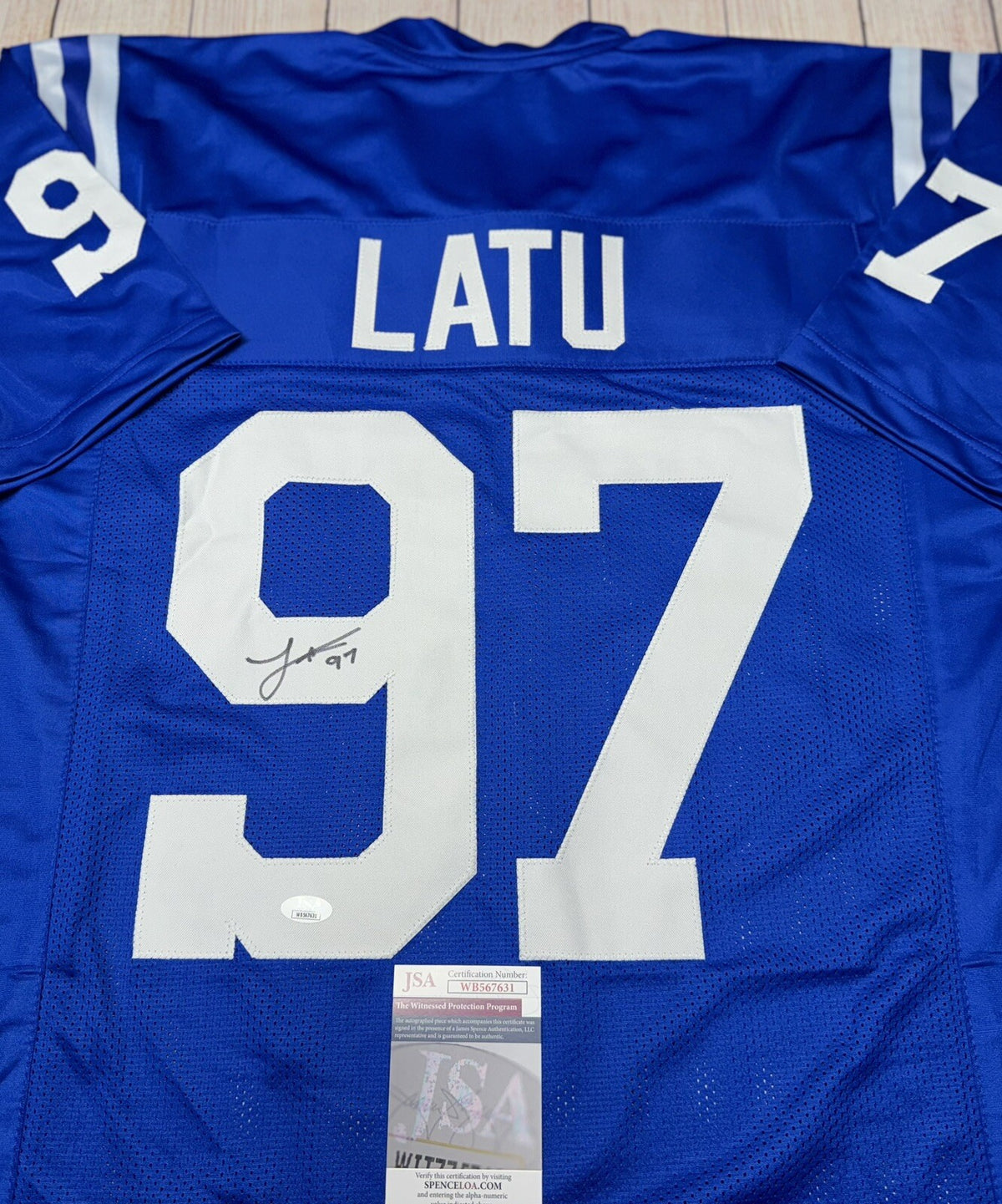 Laiatu Latu Autographed Indianapolis Colts Blue Custom Jersey – JSA COA