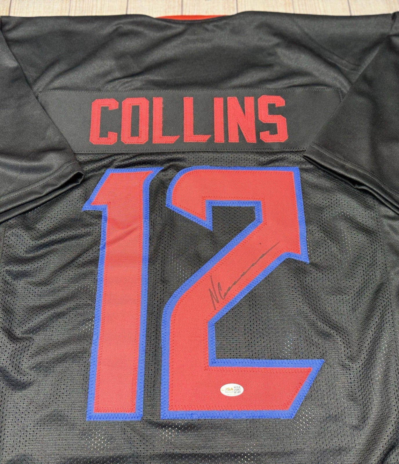 HOUSTON TEXANS NICO COLLINS SIGNED BLACK CUSTOM JERSEY RED #’S W/JSA COA!!!
