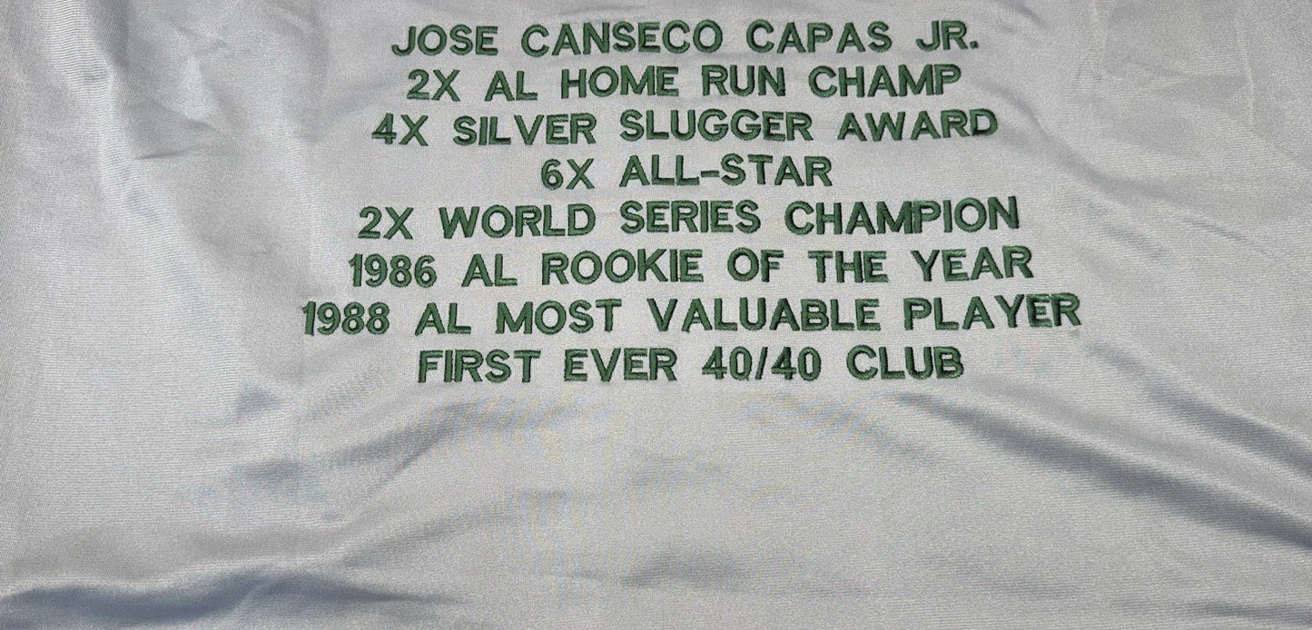 OAKLAND ATHLETICS JOSE CANSECO SIGNED GREY CUSTOM STAT JERSEY JSA COA!!!
