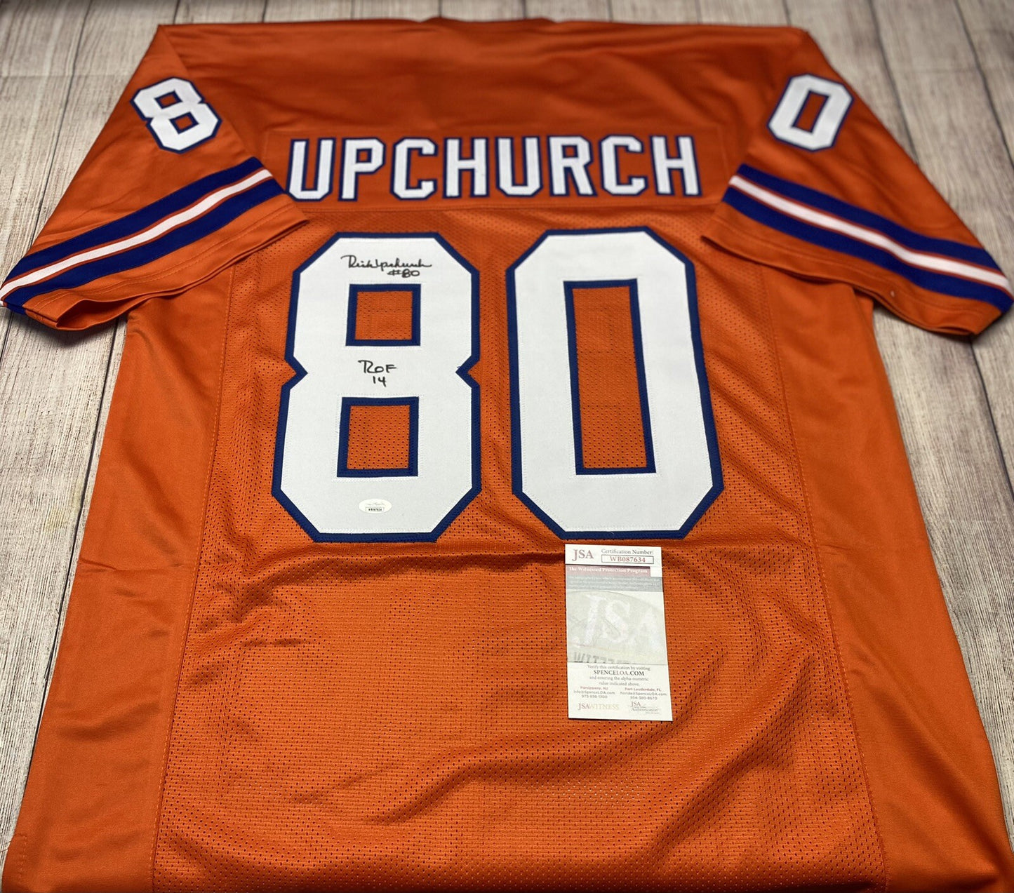 DENVER BRONCOS RICK UPCHURCH SIGNED ORANGE CUSTOM JERSEY W/JSA COA!!!  “ROF 14”