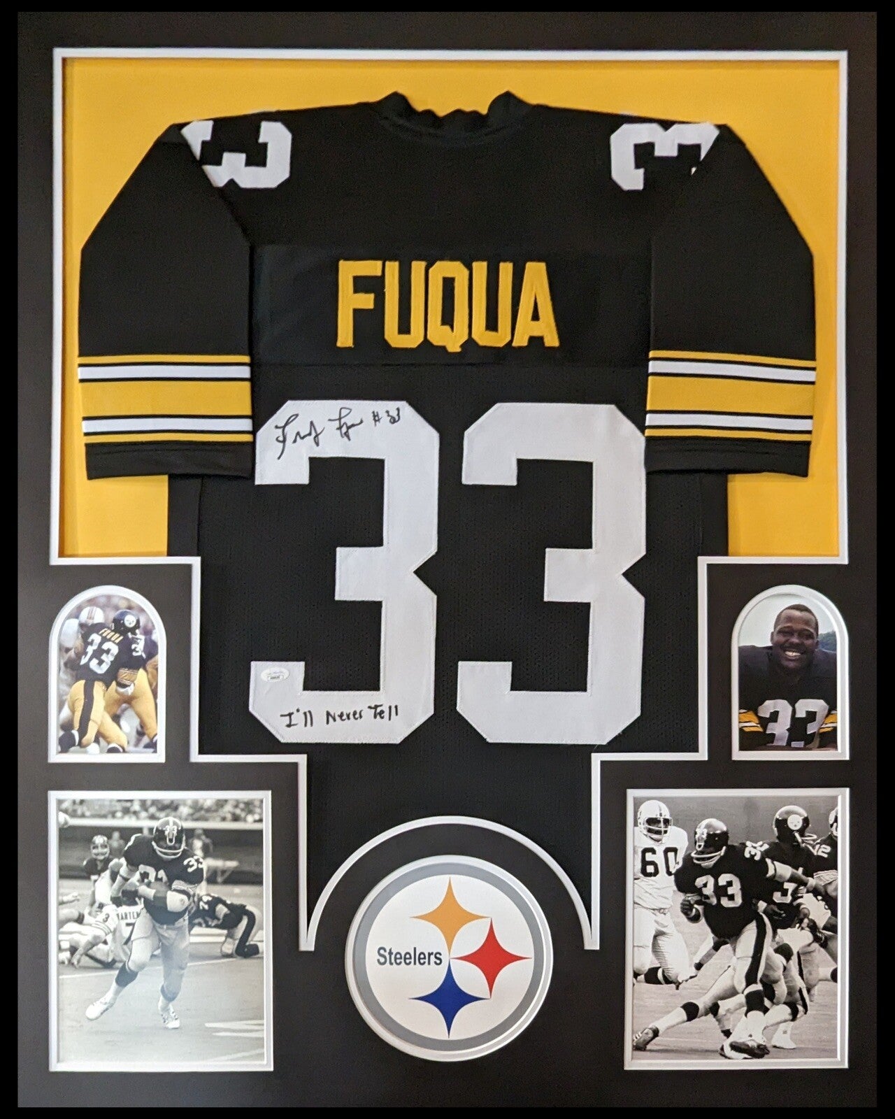 PITTSBURGH STEELERS FRAMED JOHN “FRENCHY” FUQUA SIGNED BLACK CUSTOM JERSEY JSA