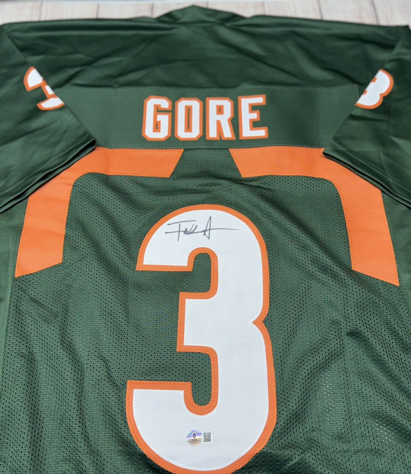 MIAMI HURRICANES FRANK GORE SIGNED GREEN CUSTOM JERSEY BECKETT COA!!!!