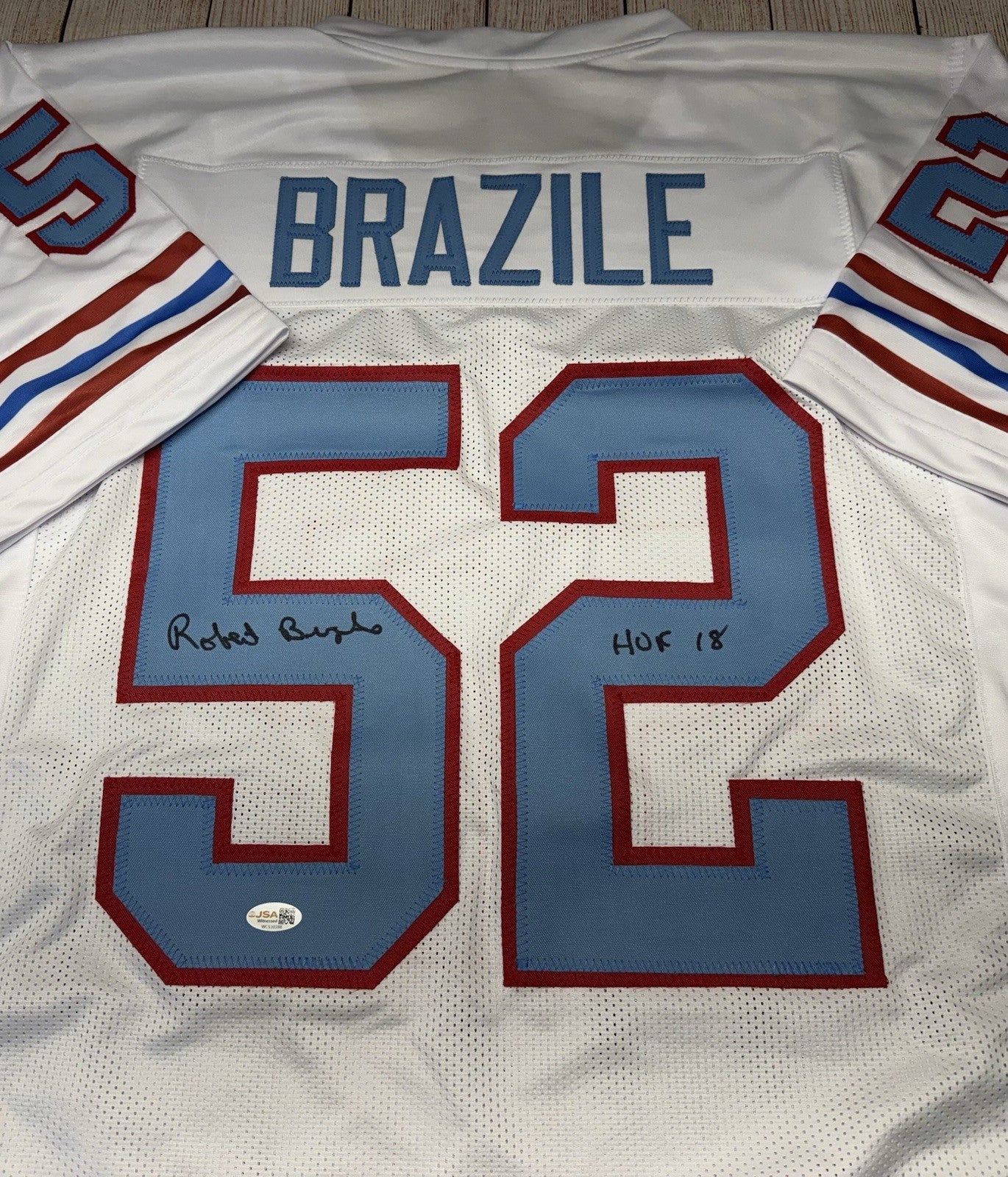 HOUSTON OILERS ROBERT BRAZILE SIGNED WHITE CUSTOM JERSEY W/JSA COA!!!