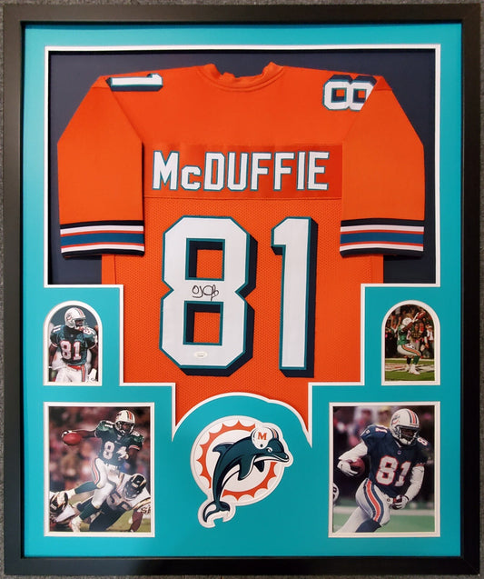 MIAMI DOLPHINS FRAMED OJ MCDUFFIE SIGNED ORANGE CUSTOM JERSEY JSA COA!