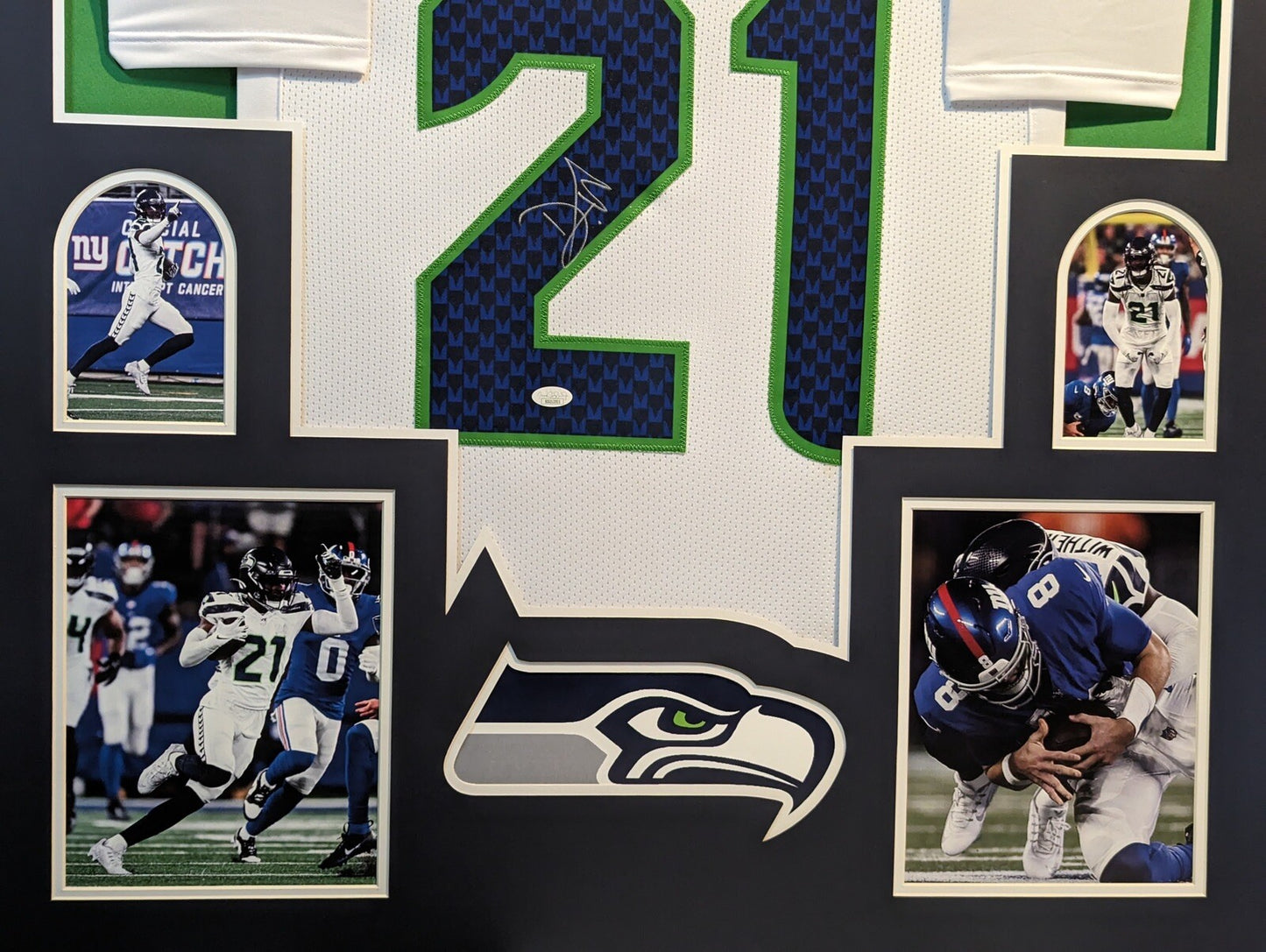 SEATTLE SEAHAWKS DEVON WITHERSPOON SIGNED FRAMED CUSTOM WHITE JERSEY JSA COA