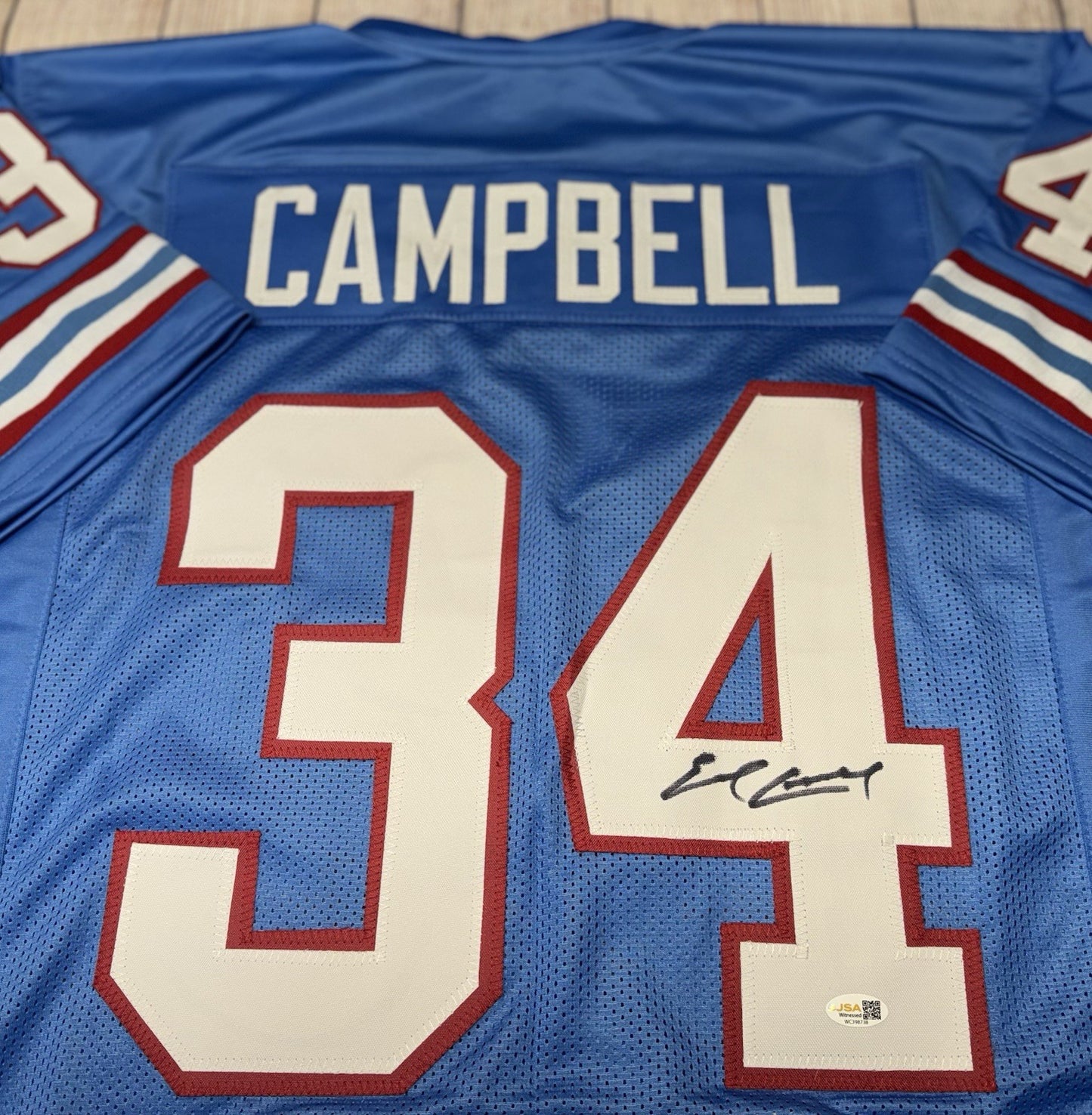 HOUSTON OILERS EARL CAMPBELL SIGNED BLUE CUSTOM STAT JERSEY JSA COA!!!