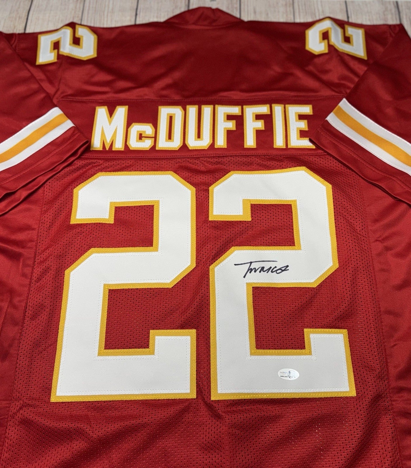 KANSAS CITY CHIEFS TRENT MCDUFFIE SIGNED RED CUSTOM JERSEY W/JSA COA!!!