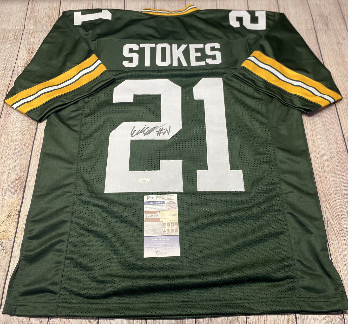 GREEN BAY PACKERS ERIC STOKES SIGNED GREEN CUSTOM JERSEY JSA COA!!!