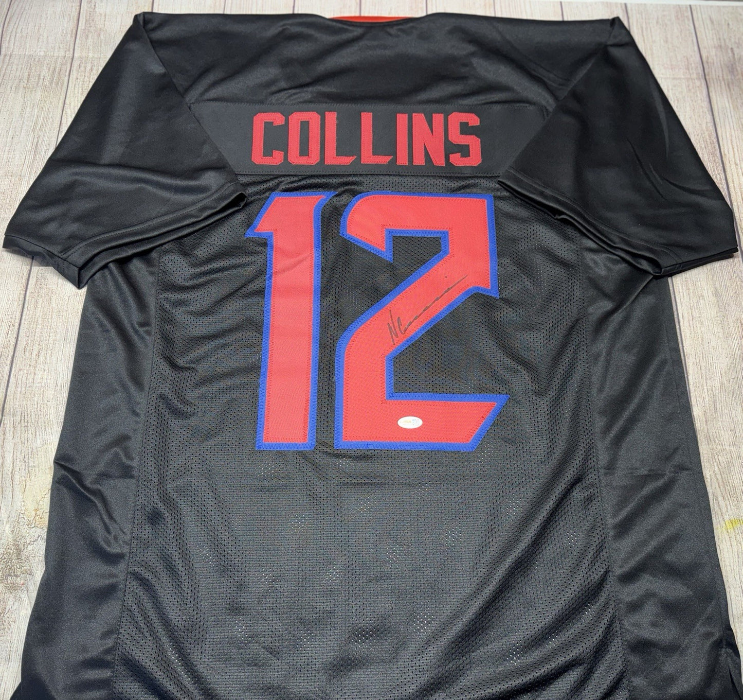 HOUSTON TEXANS NICO COLLINS SIGNED BLACK CUSTOM JERSEY RED #’S W/JSA COA!!!