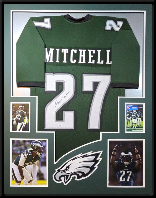PHILADELPHIA EAGLES QUINYON MITCHELL SIGNED FRAMED CUSTOM GREEN JERSEY JSA COA