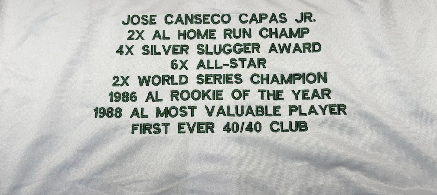 OAKLAND ATHLETICS JOSE CANSECO SIGNED WHITE CUSTOM STAT JERSEY JSA COA!!!