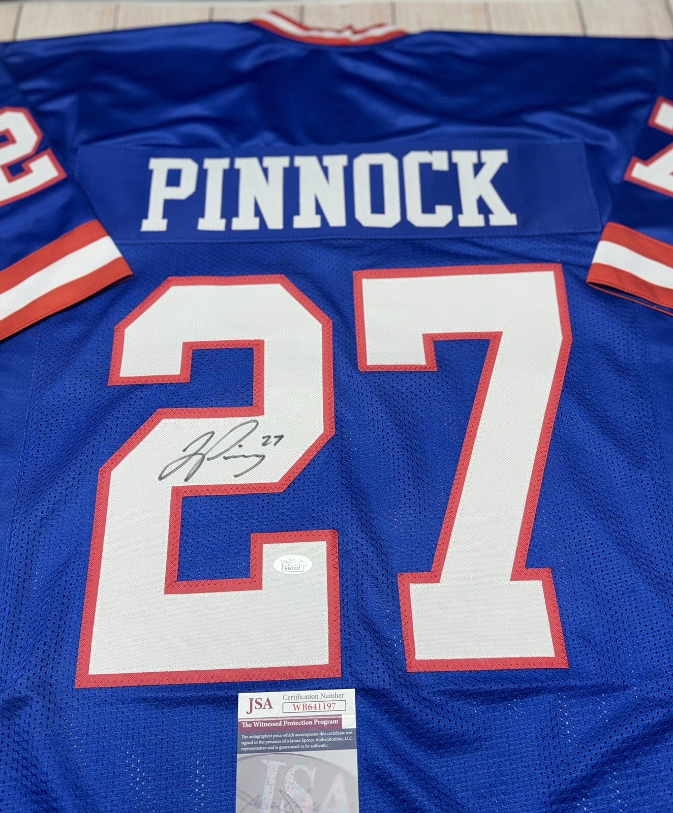 NEW YORK GIANTS JASON PINNOCK SIGNED THROWBACK CUSTOM JERSEY JSA COA!!