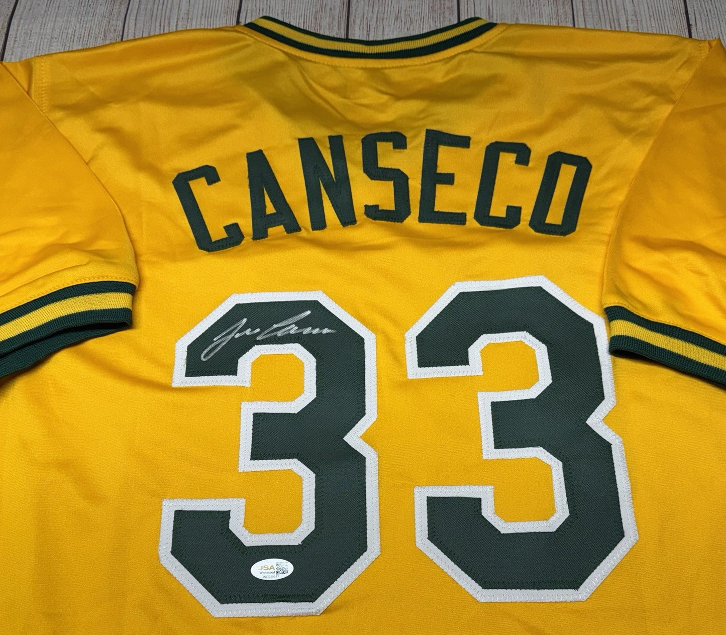 OAKLAND ATHLETICS JOSE CANSECO SIGNED YELLOW CUSTOM STAT JERSEY JSA COA!!!