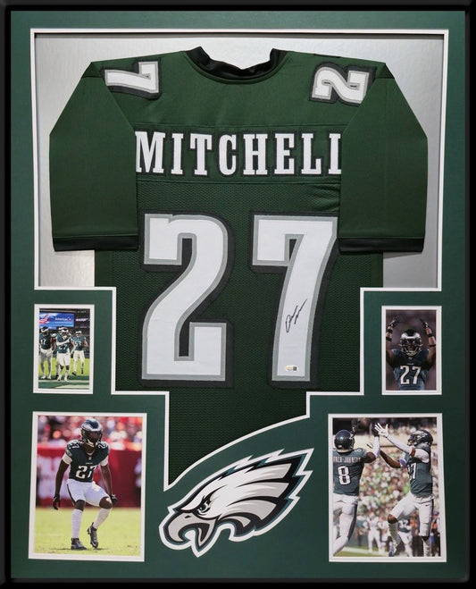 PHILADELPHIA EAGLES QUINYON MITCHELL SIGNED FRAMED CUSTOM GREEN JERSEY JSA COA