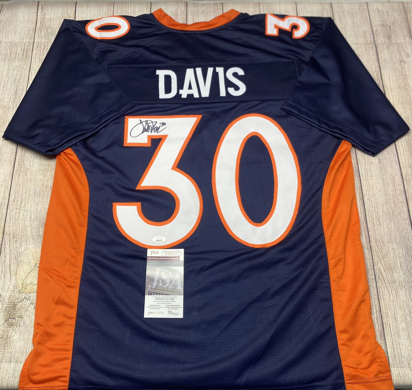 DENVER BRONCOS TERRELL DAVIS SIGNED CUSTOM BLUE JERSEY JSA COA!!!!
