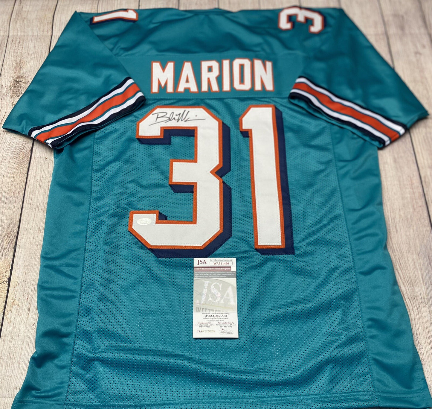 MIAMI DOLPHINS BROCK MARION SIGNED TEAL CUSTOM JERSEY  W/JSA COA!!