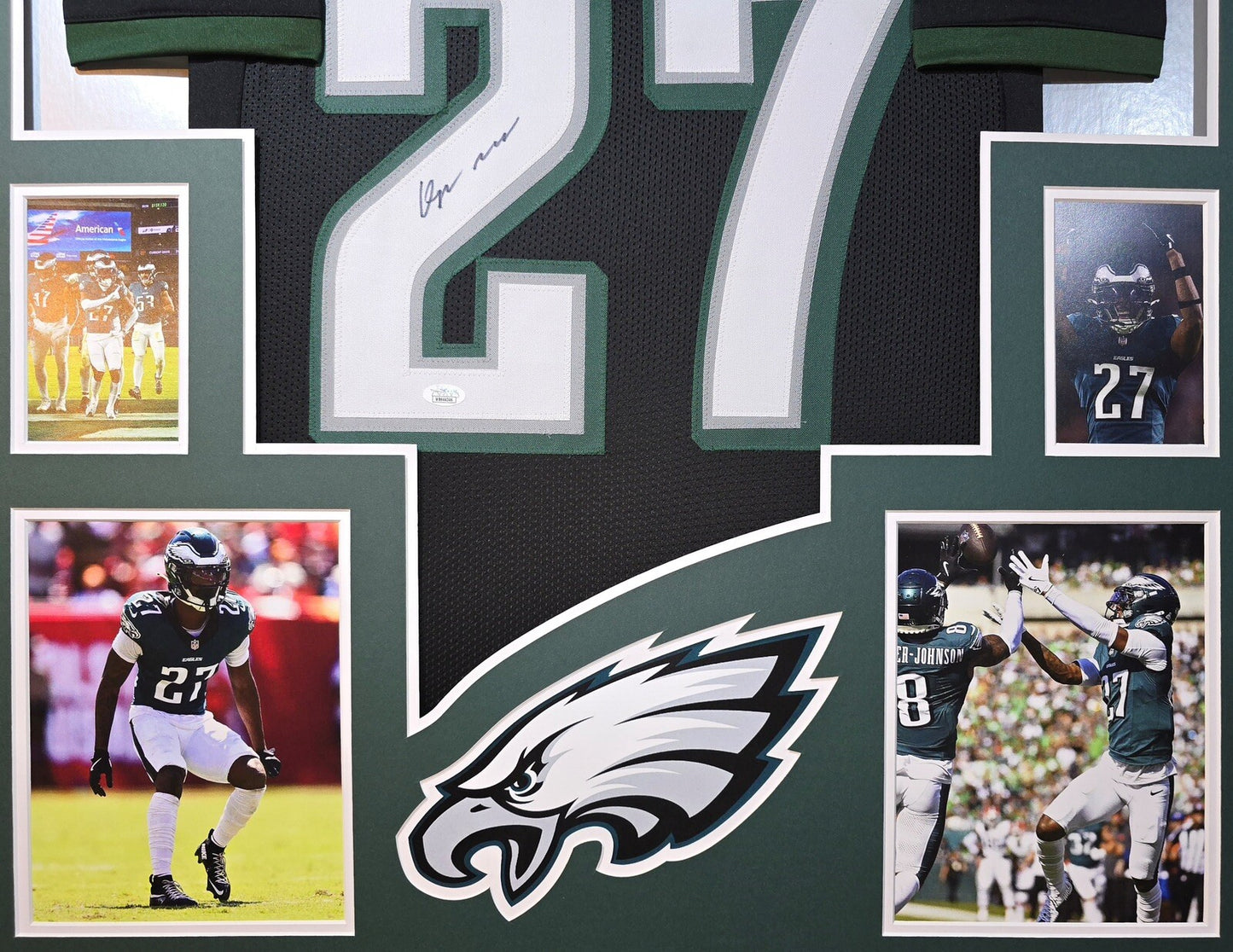 PHILADELPHIA EAGLES QUINYON MITCHELL SIGNED FRAMED CUSTOM BLACK JERSEY JSA COA
