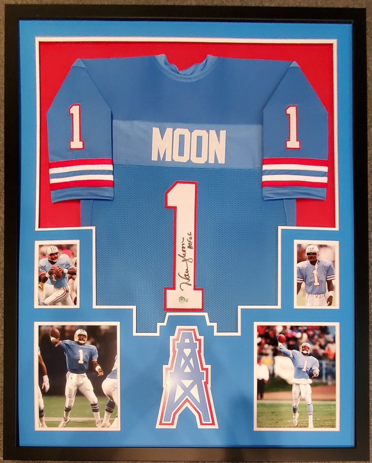 HOUSTON OILERS FRAMED WARREN MOON SIGNED BLUE CUSTOM JERSEY BECKETT COA!
