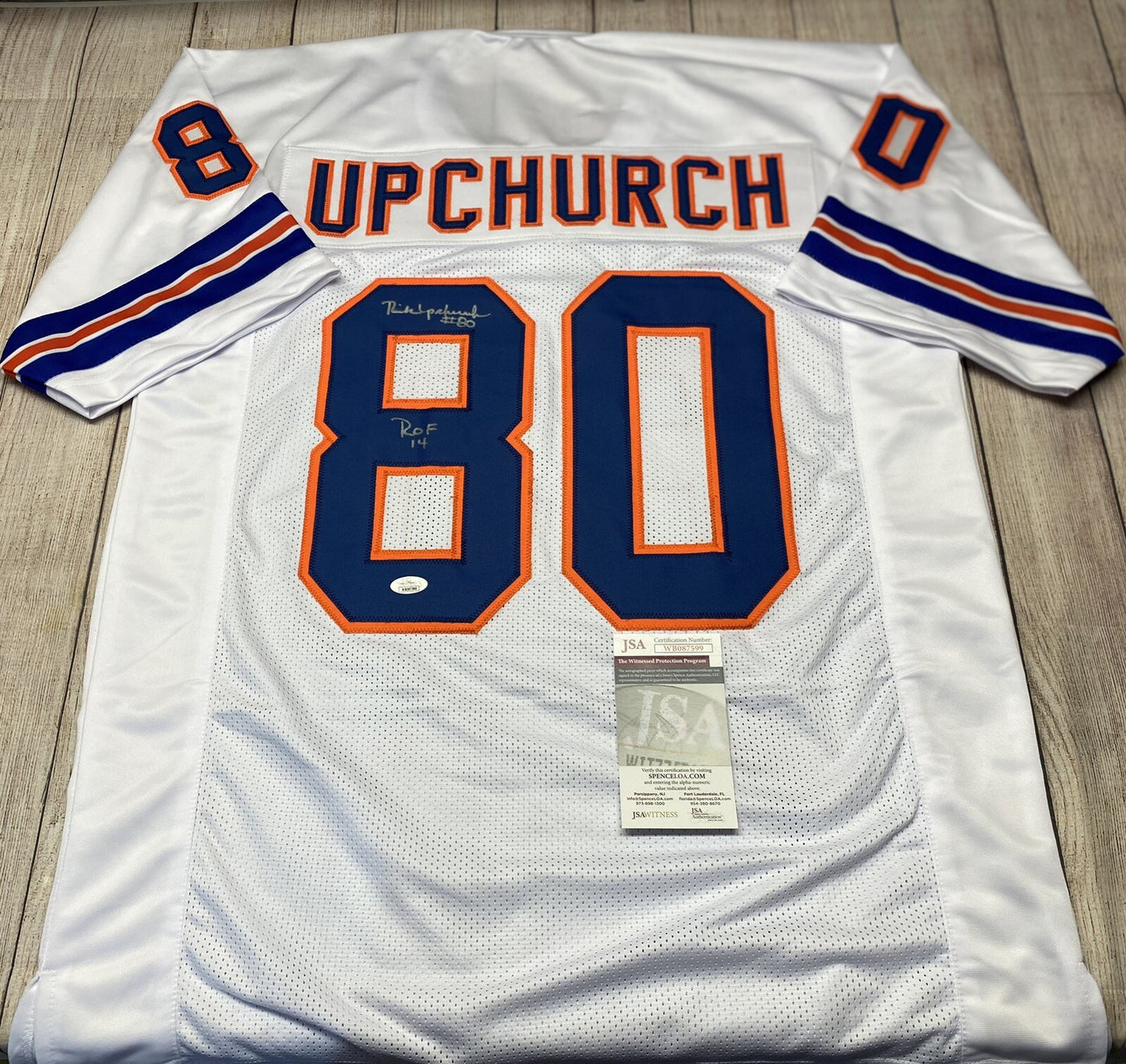 DENVER BRONCOS RICK UPCHURCH SIGNED WHITE CUSTOM JERSEY W/JSA COA!!!  “ROF 14”