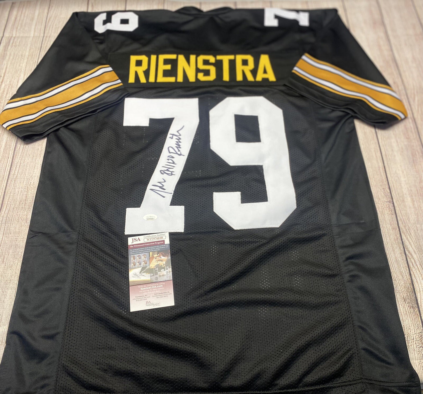 PITTSBURGH STEELERS JOHN “RHINO” RIENSTRA SIGNED CUSTOM BLACK JERSEY   JSA COA