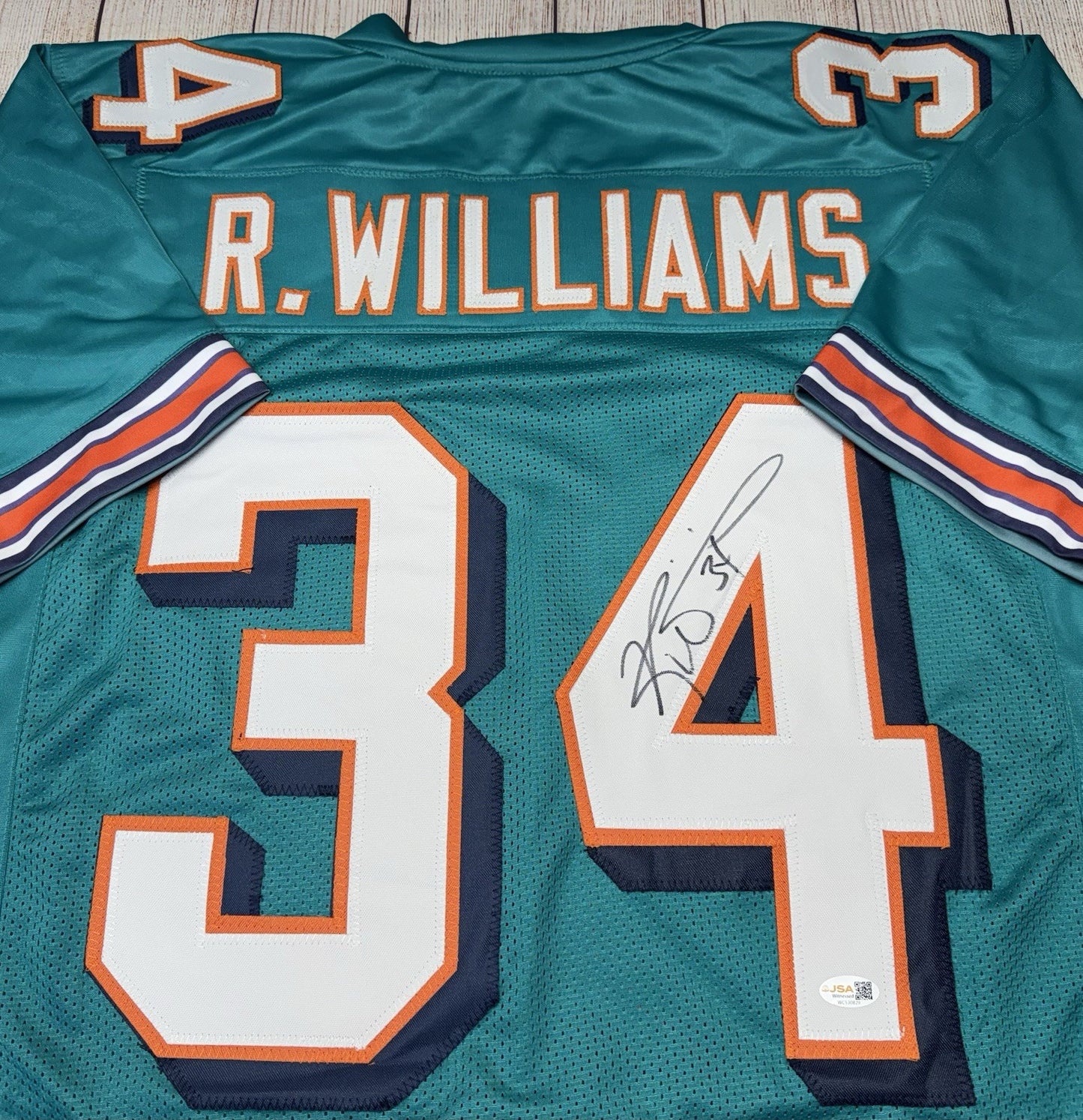 MIAMI DOLPHINS RICKY WILLIAMS SIGNED CUSTOM TEAL STAT JERSEY JSA COA!!!!