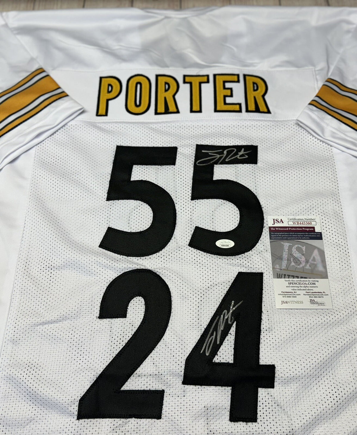 Dual Joey Porter SR JR Autographed Pittsburgh Steelers White Custom Jersey – JSA COA