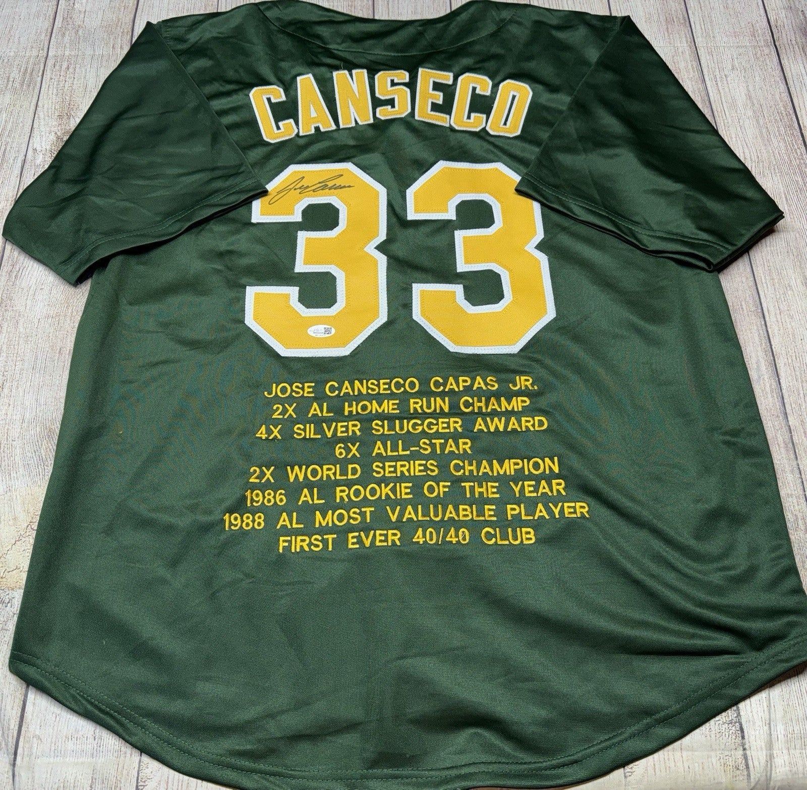 Jose Canseco Stat Autographed Oakland Athletics Green Custom Jersey – JSA COA