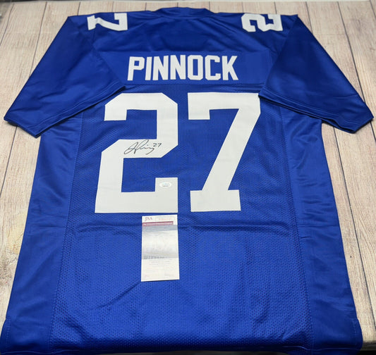 NEW YORK GIANTS JASON PINNOCK SIGNED BLUE CUSTOM JERSEY JSA COA!!