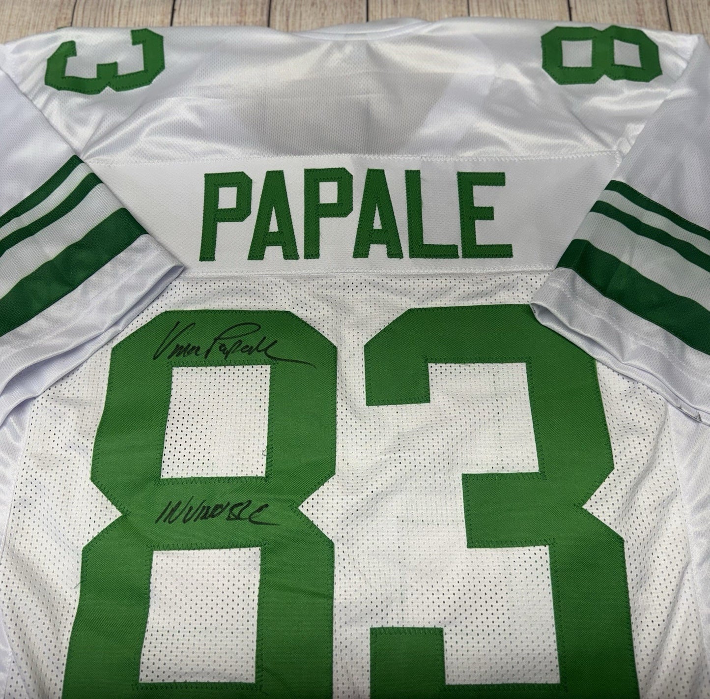 PHILADELPHIA EAGLES VINCE PAPALE SIGNED WHITE CUSTOM JERSEY “INVINCIBLE” JSA