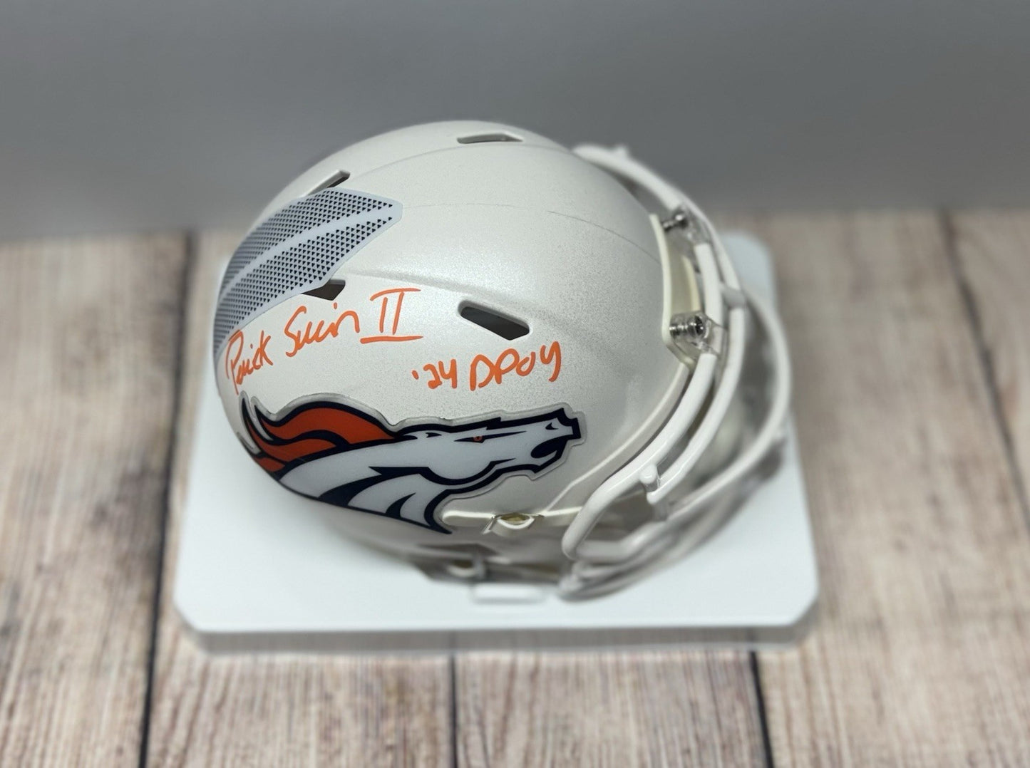 DENVER BRONCOS PATRICK SURTAIN II SIGNED SNOWCAPPED MINI HELMET 24 DPOY BECKETT
