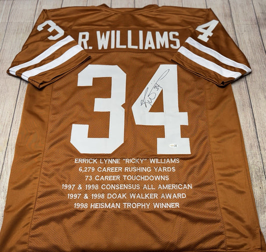 TEXAS LONGHORNS RICKY WILLIAMS SIGNED ORANGE CUSTOM STAT JERSEY JSA COA!!!