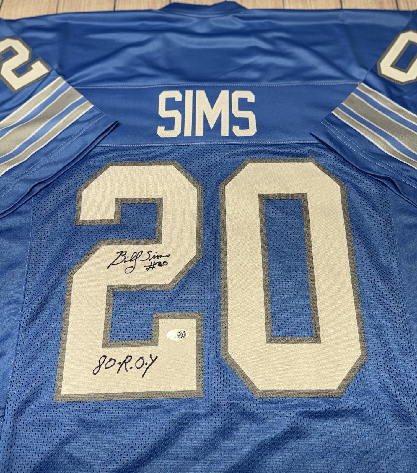 DETROIT LIONS BILLY SIMS SIGNED BLUE CUSTOM JERSEY  “80-ROY” JSA COA!!!