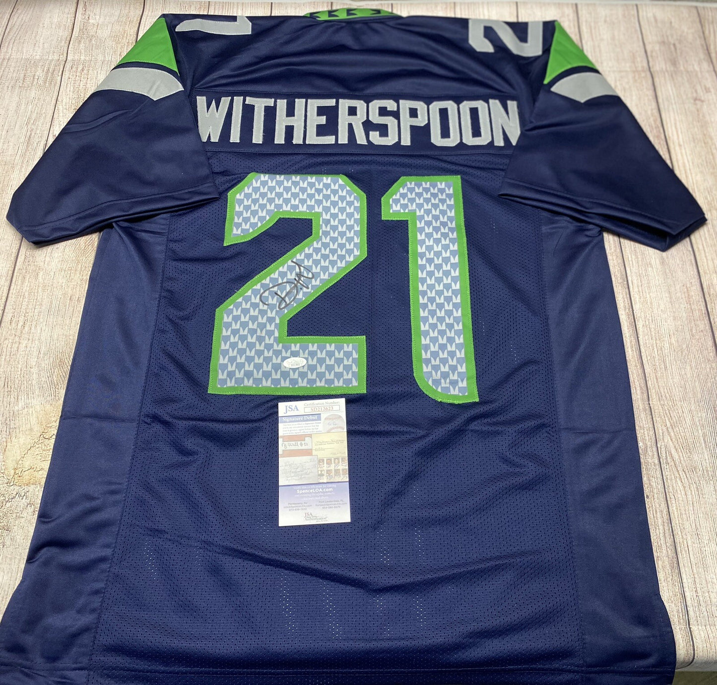 SEATTLE SEAHAWKS DEVON WITHERSPOON SIGNED CUSTOM BLUE JERSEY JSA  COA!!!